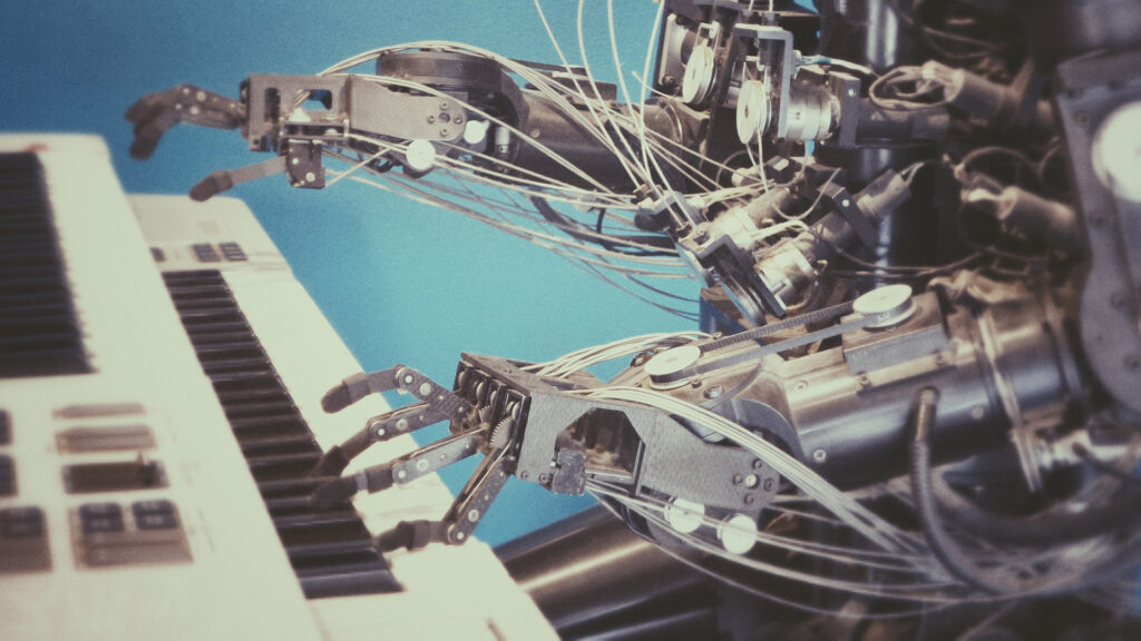 Artificial intelligence robot playing a piano
