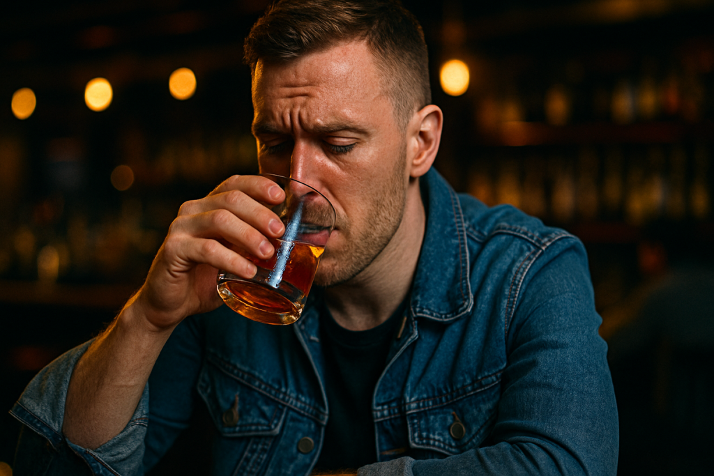 A content marketer soothes himself with a drink after getting fired because he leaned too much on AI for his content creation.