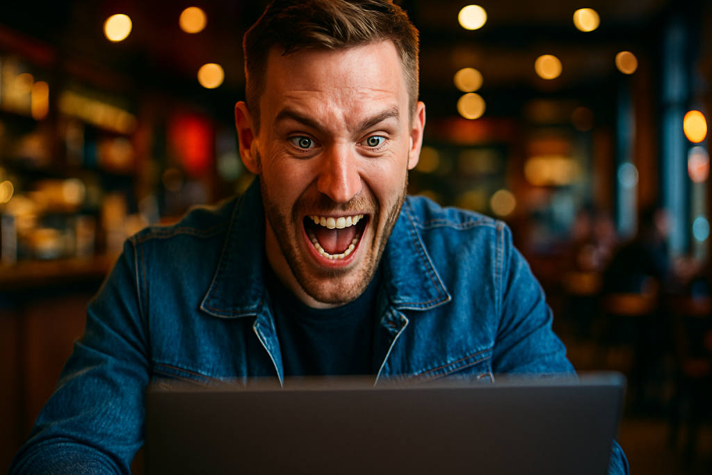 An excited content marketer works in a coffee shop.