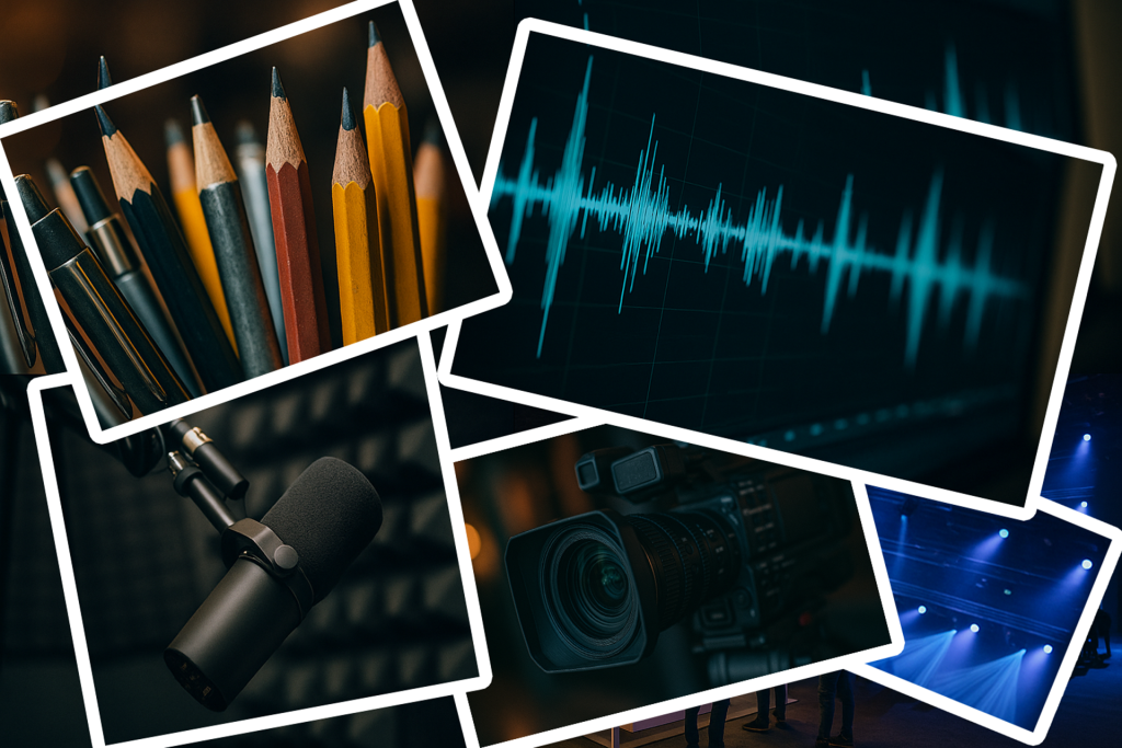 A collage of content marketing tools, including: pens and pencils, microphones and video cameras, stage lights, and audio recording software.