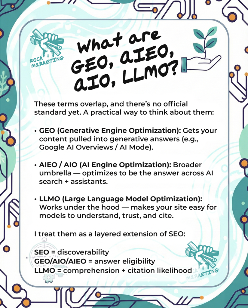 What are GEO, AIEO, AIO, LLMO?

These terms overlap, and there’s no official standard yet. A practical way to think about them:

GEO (Generative Engine Optimization): Gets your content pulled into generative answers (e.g., Google AI Overviews / AI Mode).
AIEO / AIO (AI Engine Optimization): Broader umbrella — optimizes to be the answer across AI search + assistants.
LLMO (Large Language Model Optimization): Works under the hood — makes your site easy for models to understand, trust, and cite.

I treat them as a layered extension of SEO:

SEO = discoverability
GEO/AIO/AIEO = answer eligibility
LLMO = comprehension + citation likelihood