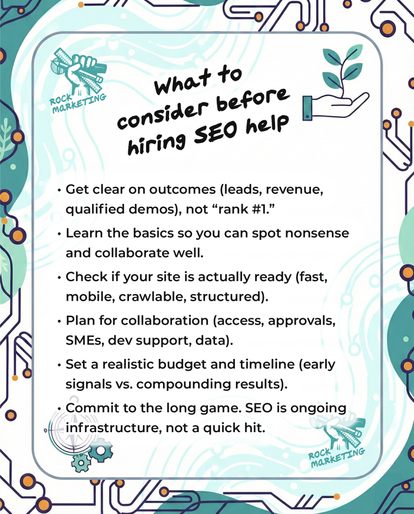 What to consider before hiring SEO help
•	Get clear on outcomes (leads, revenue, qualified demos), not “rank #1.”
•	Learn the basics so you can spot nonsense and collaborate well.
•	Check if your site is actually ready (fast, mobile, crawlable, structured).
•	Plan for collaboration (access, approvals, SMEs, dev support, data).
•	Set a realistic budget and timeline (early signals vs. compounding results).
•	Commit to the long game. SEO is ongoing infrastructure, not a quick hit.