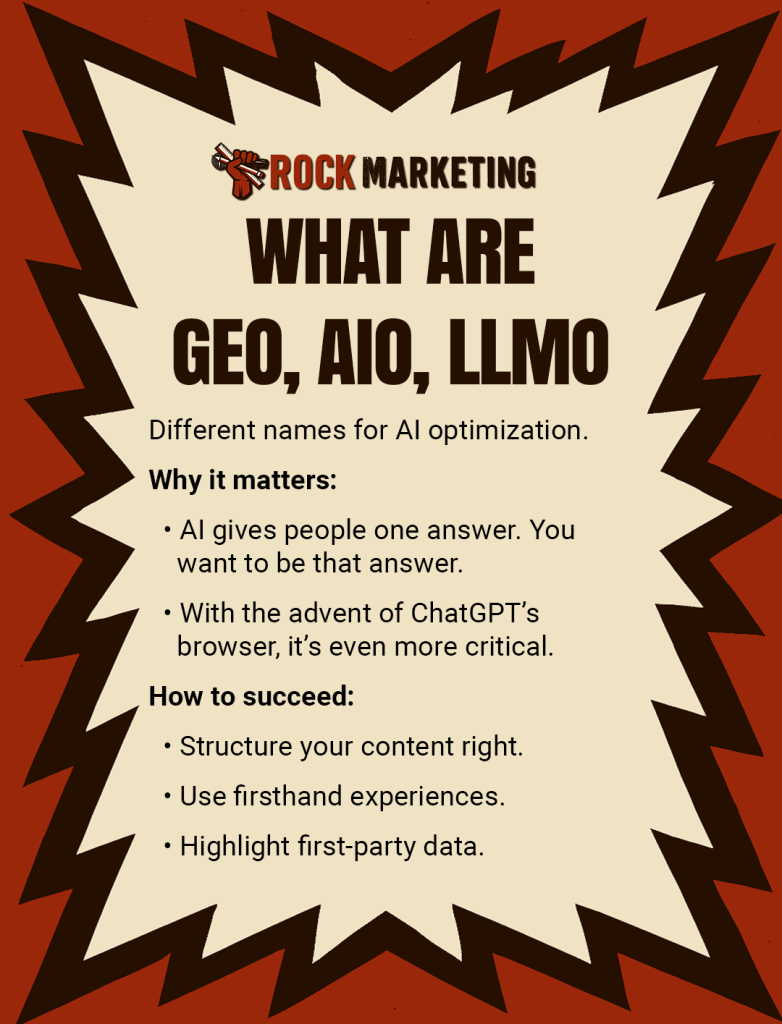 What are GEO, AIO, AIEO, LLMO? Different names for AI optimization. Why it matters: • AI gives people one answer. You want to be that answer. • With the advent of ChatGPT’s browser, it’s even more critical. How to succeed: • Structure your content right. • Use firsthand experiences. • Highlight first-party data.