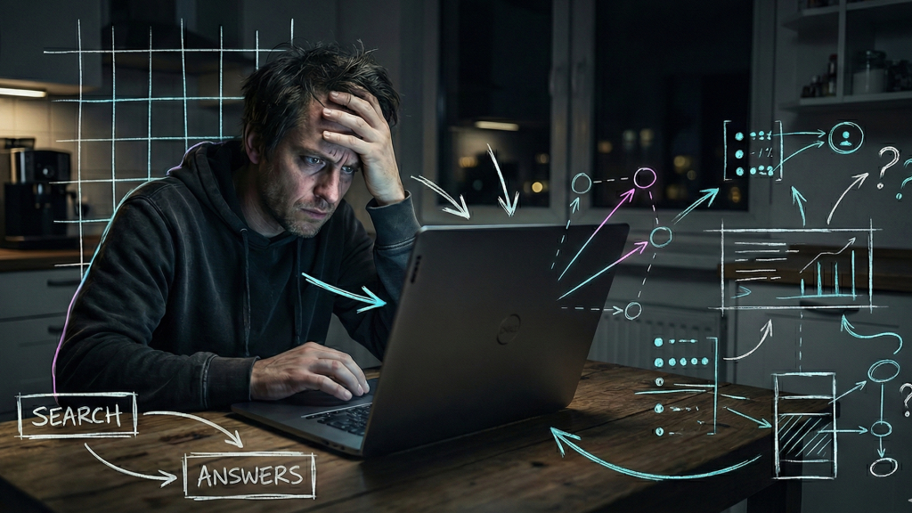 In this AI illustration, a business owner sits at their laptop trying to understand why they aren't showing up in search results, or being mentioned in AI answers to relevant user questions. They need effective SEO and GEO from an expert.
