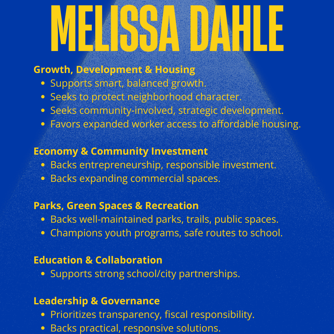 Melissa Dahle for Logan City Council 2025: Growth, Development & Housing
Supports smart, balanced growth.
Seeks to protect neighborhood character.
Seeks community-involved, strategic development.
Favors expanded worker access to affordable housing.
Economy & Community Investment
Backs entrepreneurship, responsible investment.
Backs expanding commercial spaces.
Parks, Green Spaces & Recreation
Backs well-maintained parks, trails, public spaces.
Champions youth programs, safe routes to school.
Education & Collaboration
Supports strong school/city partnerships.
Leadership & Governance
Prioritizes transparency, fiscal responsibility.
Backs practical, responsive solutions.