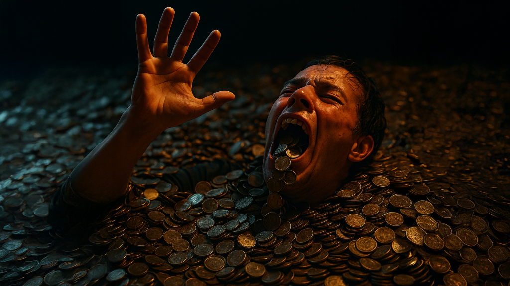 An admittedly AI-illustrated depiction of someone drowning in profit.