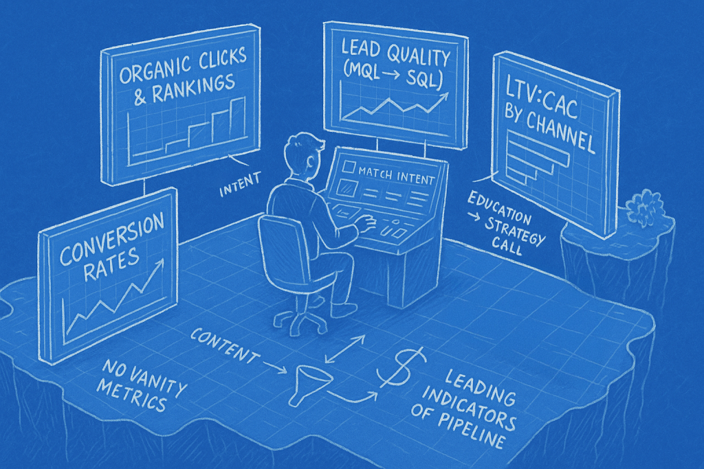 In this AI illustration, an Organic Growth Director looks over various KPIs that are important for Decentralized Masters organic growth strategy.