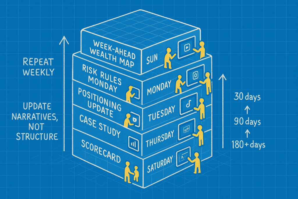 A repeatable weekly template that allows a content calendar to scale indefinitely. Critical for organic growth, like the kind Decentralized Masters relies on for revenue growth. (AI illustration)