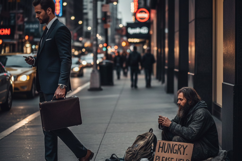 In this AI illustration, a stock trader walks by a homeless person, ignoring them — perfectly encapsulating American wealth inequality.