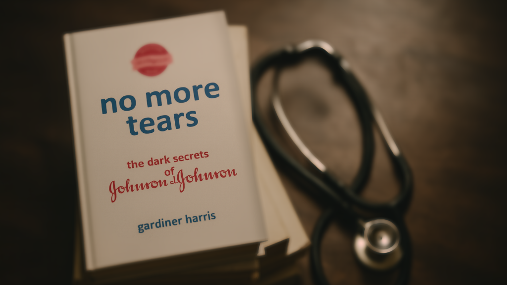 The book No More Tears sits on a doctor's desk in this AI-generated illustration. The book speaks truth to power about big pharma, revealing underlying problems with our profit-driven world.
