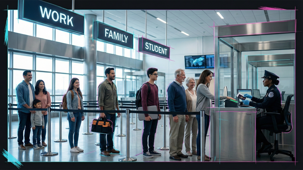 Immigrants wait in a line at U.S. Customs in an airport to have their immigration status verified. (AI Illustration)
