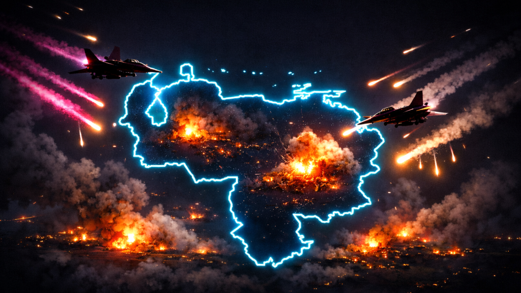 This AI-generated illustration depicts military jets and explosions engulfing an outline of Venezuela.