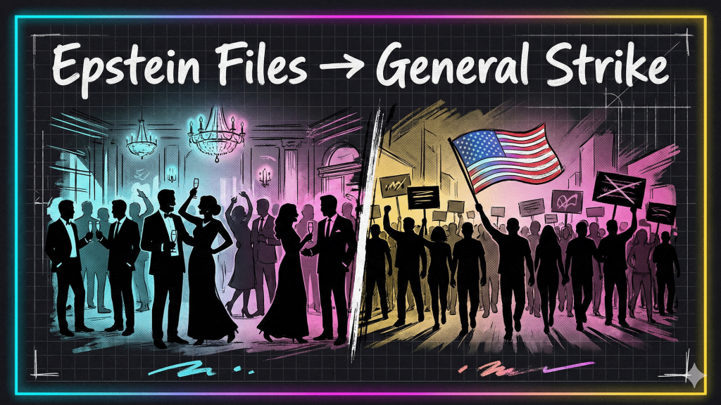 In this AI illustration, the Ruling Class parties while the Working Class organizes and strikes. The Epstein Files have laid bare how out of touch the Ruling Class is with reality. Given the ongoing socioeconomic upheaval, the time has never been better for a general strike to make a long-lasting impact.