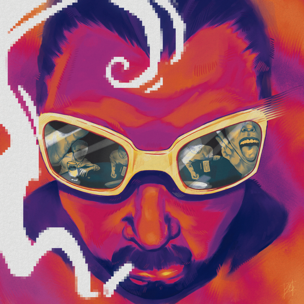 A portrait of Open Door Policy singer and lyricist Casey Rock observing a night of chaos. Art by GoldenRetrieverGirlfriend.