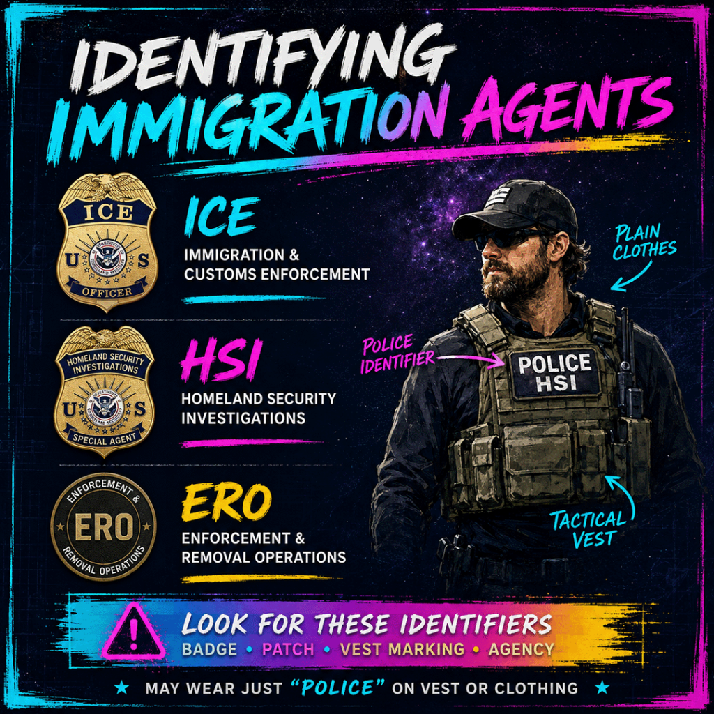 AI-generated square infographic titled “Identifying Immigration Agents,” designed in a dark, high-contrast neon style with a purple starry blueprint background, painted cyan and magenta accents, and large brush-style lettering. The left side lists three immigration enforcement identifiers with badge or patch examples: “ICE — Immigration & Customs Enforcement,” “HSI — Homeland Security Investigations,” and “ERO — Enforcement & Removal Operations.” The right side shows an AI-generated illustration of a plainclothes/tactical federal agent wearing a baseball cap, sunglasses, tactical vest, radio, and a large “POLICE HSI” vest marking. Cyan and magenta arrows label “Plain clothes,” “Police identifier,” and “Tactical vest.” A bottom banner reads: “Look for these identifiers: badge, patch, vest marking, agency,” followed by “May wear just ‘POLICE’ on vest or clothing.”