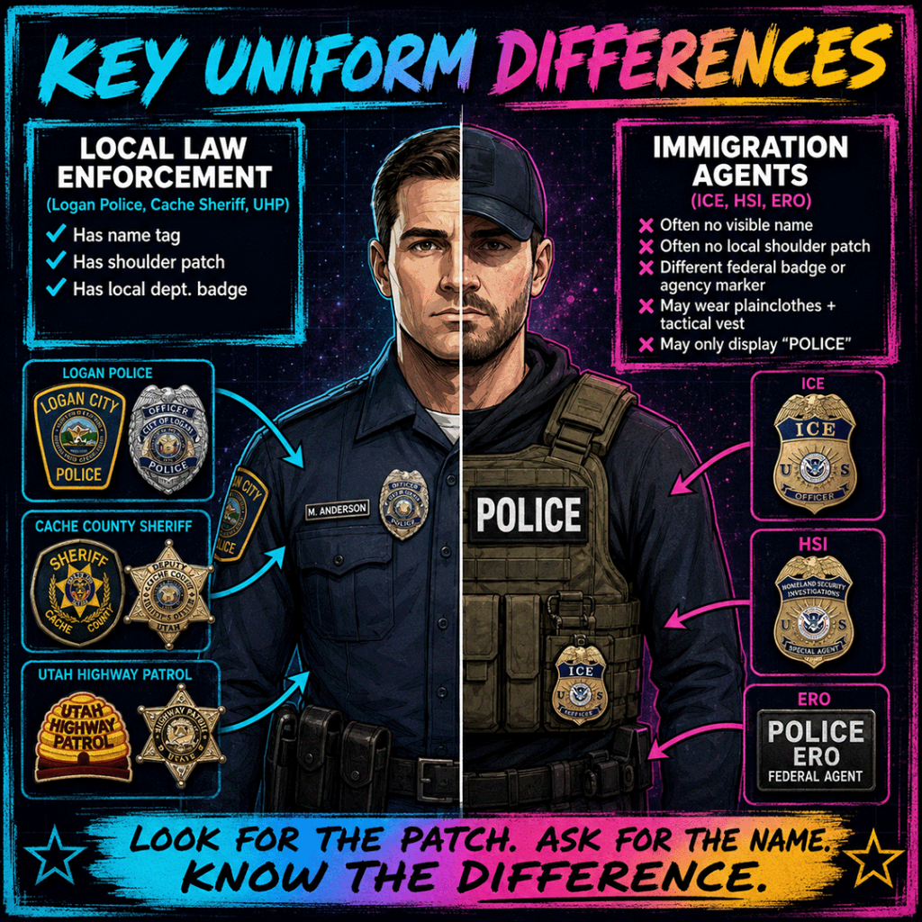 AI-generated square infographic titled “Key Uniform Differences,” comparing local law enforcement uniforms with immigration enforcement agents in a dark, neon, blueprint-style design. The center shows a split AI-generated illustration of one figure: the left half dressed as a local law enforcement officer with a name tag, shoulder patch, local department badge, duty belt, and uniform shirt; the right half dressed as an immigration agent in plain clothes with a tactical vest marked “POLICE” and a visible federal-style badge. The left panel says “Local Law Enforcement (Logan Police, Cache Sheriff, UHP)” and lists: “Has name tag,” “Has shoulder patch,” and “Has local dept. badge.” The left side also shows example badge and patch references for Logan Police, Cache County Sheriff, and Utah Highway Patrol. The right panel says “Immigration Agents (ICE, HSI, ERO)” and lists: “Often no visible name,” “Often no local shoulder patch,” “Different federal badge or agency marker,” “May wear plainclothes + tactical vest,” and “May only display ‘POLICE.’” The right side shows example agency identifiers for ICE, HSI, and ERO. A bottom banner reads: “Look for the patch. Ask for the name. Know the difference.”