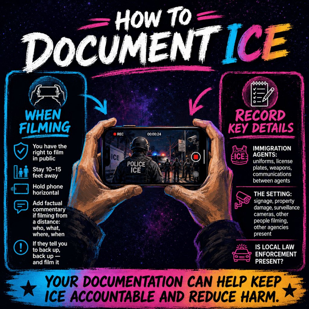 AI-generated square infographic titled “How To Document ICE,” designed in a dark, high-contrast neon style with a void slate, deep purple, starry blueprint background; painted cyan, magenta, and gold borders; and bold brush-style typography. The center focal point shows illustrated hands holding a phone horizontally while recording an immigration enforcement scene, with an ICE-marked agent visible on the phone screen. The left panel, labeled “When Filming,” lists safety and documentation guidance: you have the right to film in public, stay 10–15 feet away, hold the phone horizontal, add factual commentary from a distance — who, what, where, when — and back up while continuing to film if agents tell you to move back. The right panel, labeled “Record Key Details,” tells viewers to capture identifying information about immigration agents, including uniforms, license plates, weapons, and communications between agents; details about the setting, including signage, property damage, surveillance cameras, other people filming, and other agencies present; and whether local law enforcement is present. A bottom banner reads: “Your documentation can help keep ICE accountable and reduce harm.”