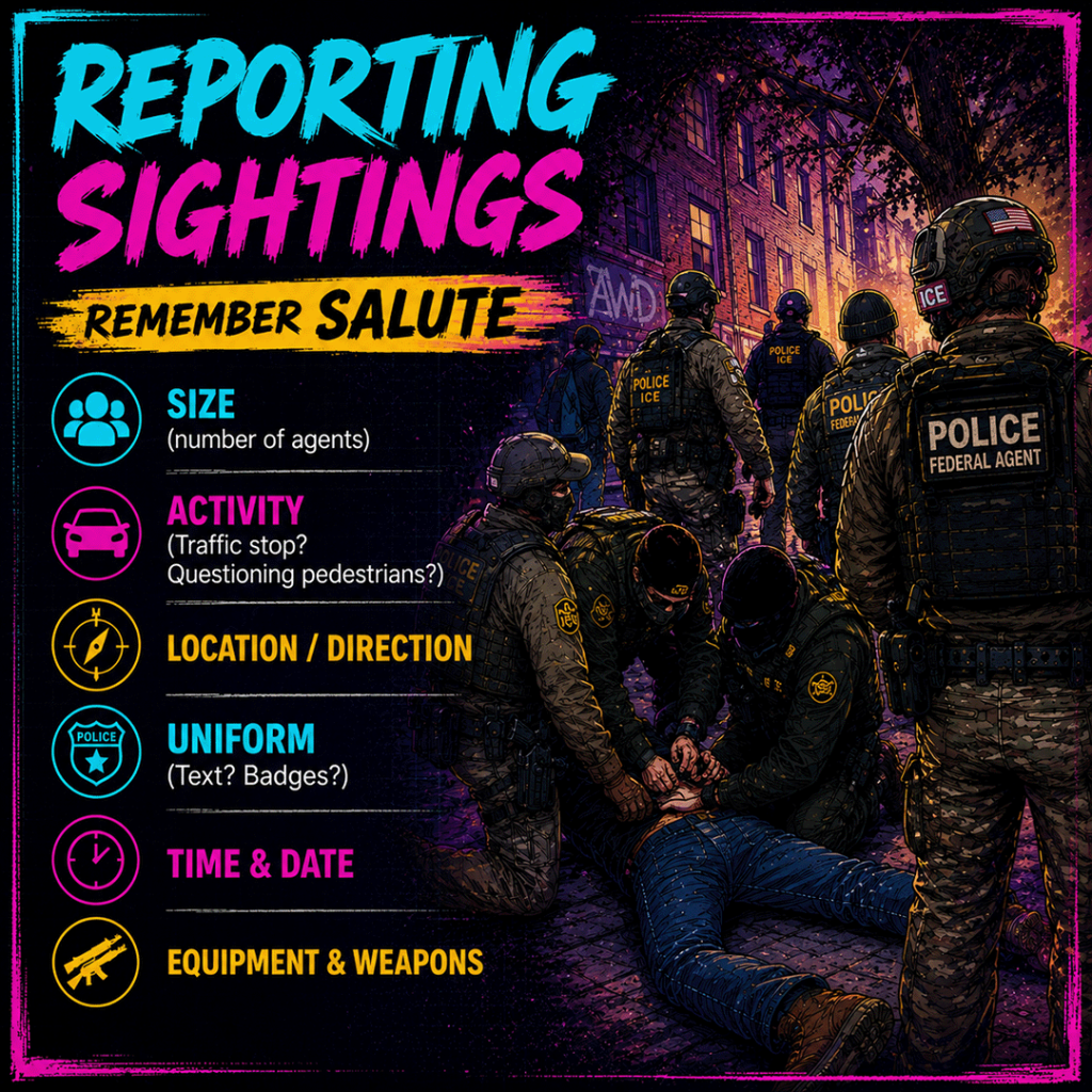 AI-generated square infographic titled “Reporting Sightings,” designed in a dark, high-contrast neon style with a gritty graphic-novel look, painted cyan and magenta borders, and bold brush-style typography. The graphic explains how to report suspected immigration enforcement activity using the SALUTE framework. A large headline reads “Reporting Sightings,” followed by a yellow brush-stroke banner that says “Remember SALUTE.” The left side lists six reporting details with neon icons: “Size” for the number of agents, “Activity” for what agents are doing such as a traffic stop or questioning pedestrians, “Location / Direction,” “Uniform” for text or badges, “Time & Date,” and “Equipment & Weapons.” The right side shows an AI-generated illustrated street scene with multiple tactical agents wearing “POLICE,” “ICE,” and “Federal Agent” markings while detaining a person on the ground in a dark urban setting. The overall image emphasizes documenting observable facts — who is present, what they are doing, where they are moving, what they are wearing, when it happened, and what equipment is visible — rather than speculation.
