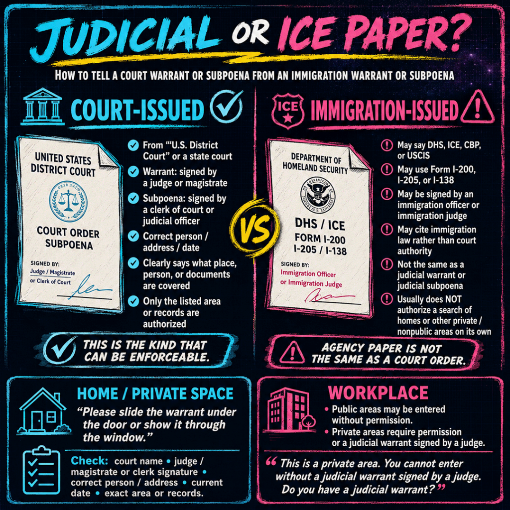 AI-generated square infographic titled “Judicial or ICE Paper?” comparing court-issued warrants/subpoenas with immigration-issued warrants/subpoenas. The graphic uses a dark void slate and deep purple starry blueprint background, with painted cyan, magenta, and yellow borders, large brush-style typography, and high-contrast checklist panels. A subtitle reads: “How to tell a court warrant or subpoena from an immigration warrant or subpoena.”

The left side, labeled “Court-Issued,” shows a document marked “United States District Court” and “Court Order Subpoena,” with a checklist explaining signs of a court-issued document: it may come from “U.S. District Court” or a state court; a warrant should be signed by a judge or magistrate; a subpoena may be signed by a clerk of court or judicial officer; it should list the correct person, address, and date; and it should clearly state what place, person, or documents are covered. A highlighted note says: “This is the kind that can be enforceable.”

The right side, labeled “Immigration-Issued,” shows a Department of Homeland Security document labeled “DHS / ICE Form I-200 / I-205 / I-138,” with a checklist explaining visual cues of immigration-issued paperwork: it may say DHS, ICE, CBP, or USCIS; may use forms I-200, I-205, or I-138; may be signed by an immigration officer or immigration judge; may cite immigration law instead of court authority; is not the same as a judicial warrant or judicial subpoena; and usually does not authorize a search of homes or other private or nonpublic areas on its own. A warning note says: “Agency paper is not the same as a court order.”

The bottom left panel, labeled “Home / Private Space,” gives a practical script: “Please slide the warrant under the door or show it through the window.” It also tells viewers to check the court name, judge/magistrate or clerk signature, correct person and address, current date, and exact area or records covered. The bottom right panel, labeled “Workplace,” explains that public areas may be entered without permission, but private areas require permission or a judicial warrant signed by a judge. It includes the script: “This is a private area. You cannot enter without a judicial warrant signed by a judge. Do you have a judicial warrant?”