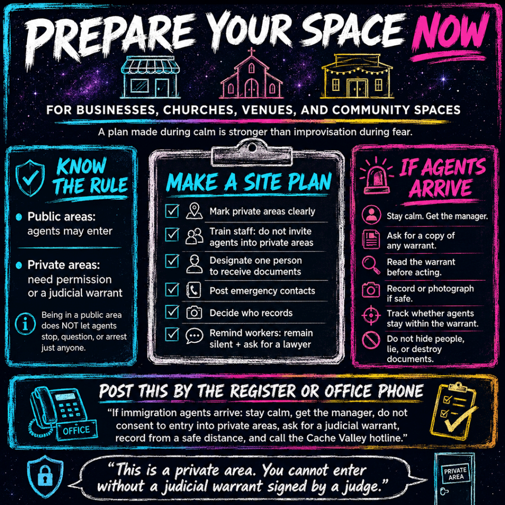 AI-generated square infographic titled “Prepare Your Space Now,” designed in a dark, high-contrast neon style with a void slate and deep purple starry blueprint background, painted cyan, magenta, and yellow borders, and large brush-style typography. The graphic is aimed at businesses, churches, venues, and community spaces preparing for possible immigration enforcement activity. Across the top, simple line icons represent a storefront, church, and community venue, followed by the message: “A plan made during calm is stronger than improvisation during fear.”

The infographic is organized into three main panels. The left panel, “Know the Rule,” explains that immigration agents may enter public areas, but private areas need permission or a judicial warrant. It adds that being in a public area does not let agents stop, question, or arrest just anyone. The center clipboard panel, “Make a Site Plan,” lists practical preparation steps: mark private areas clearly, train staff not to invite agents into private areas, designate one person to receive documents, post emergency contacts, decide who records, and remind workers to remain silent and ask for a lawyer. The right panel, “If Agents Arrive,” tells staff to stay calm and get the manager, ask for a copy of any warrant, read the warrant before acting, record or photograph if safe, track whether agents stay within the warrant, and not hide people, lie, or destroy documents.

A lower banner says to post the plan by the register or office phone, with a sample policy: “If immigration agents arrive: stay calm, get the manager, do not consent to entry into private areas, ask for a judicial warrant, record from a safe distance, and call the Cache Valley hotline.” At the bottom, a speech bubble gives a workplace script: “This is a private area. You cannot enter without a judicial warrant signed by a judge.”