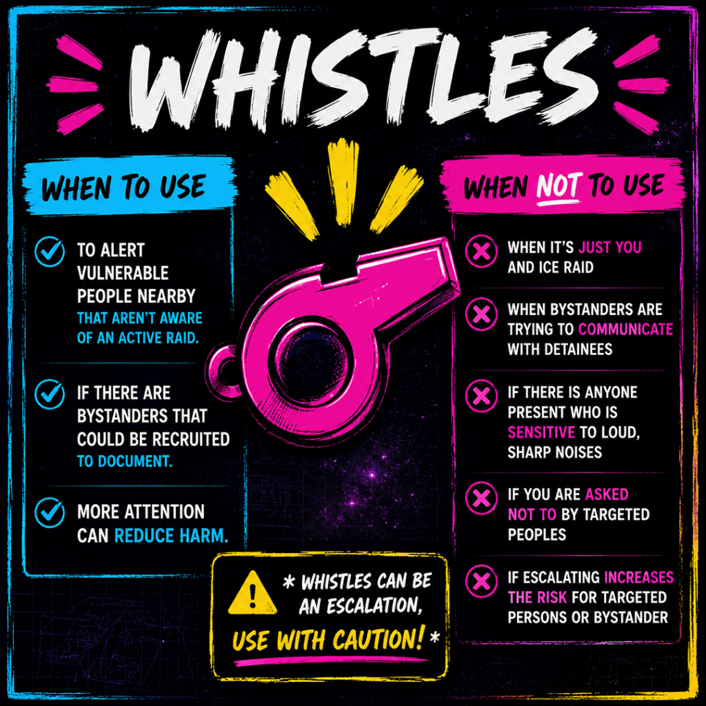 AI-generated square infographic titled “Whistles,” designed in a dark, high-contrast neon style with a black void slate and deep purple starry blueprint background, painted cyan, magenta, and yellow borders, and bold brush-style typography. A large neon pink whistle illustration sits in the center with yellow sound marks above it, making whistle use the clear focal point.

The infographic is split into two guidance panels. The left cyan panel, labeled “When to Use,” lists appropriate situations for using a whistle during immigration enforcement activity: to alert vulnerable people nearby who are not aware of an active raid; when there are bystanders who could be recruited to document; and when more attention may reduce harm. Each item is marked with a cyan check icon.

The right magenta panel, labeled “When Not to Use,” lists situations where whistle use may increase risk: when it is just you and an ICE raid; when bystanders are trying to communicate with detained people; when anyone present is sensitive to loud, sharp noises; when targeted people ask you not to use it; and when escalation could increase risk for targeted people or bystanders. Each item is marked with a magenta X icon.

A yellow caution box at the bottom reads: “Whistles can be an escalation, use with caution!” The overall image emphasizes thoughtful, harm-reduction-based bystander response: whistles may help alert and mobilize people, but they should not be used when they could interfere, overwhelm vulnerable people, escalate the situation, or go against the wishes of targeted people.