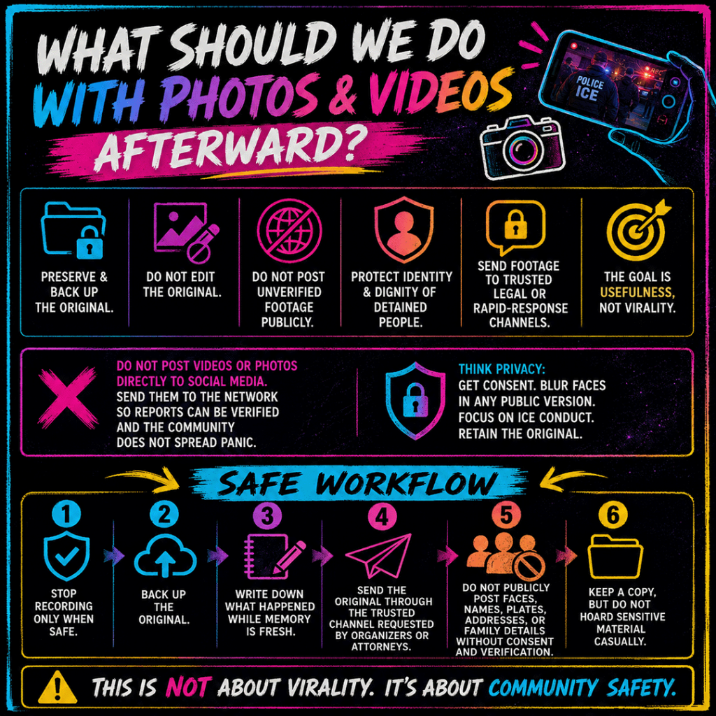AI-generated square infographic titled “What Should We Do With Photos & Videos Afterward?” designed in a dark, high-contrast neon style with a black void slate and deep purple starry blueprint background, painted cyan, magenta, orange, and yellow borders, and bold brush-style typography. A phone in the upper-right corner shows an ICE enforcement scene being recorded, reinforcing the topic of handling documentation after an immigration enforcement encounter.

The top row summarizes six core rules for photos and videos after documenting ICE activity: preserve and back up the original file, do not edit the original, do not post unverified footage publicly, protect the identity and dignity of detained people, send footage to trusted legal or rapid-response channels, and remember that the goal is usefulness, not virality.

A middle warning panel says not to post videos or photos directly to social media. Instead, send them to the network so reports can be verified and the community does not spread panic. A privacy panel reminds viewers to get consent, blur faces in any public version, focus on ICE conduct, and retain the original.

The bottom “Safe Workflow” section gives six steps: stop recording only when safe, back up the original, write down what happened while memory is fresh, send the original through the trusted channel requested by organizers or attorneys, do not publicly post faces, names, plates, addresses, or family details without consent and verification, and keep a copy without casually hoarding sensitive material. A final warning banner reads: “This is not about virality. It’s about community safety.”