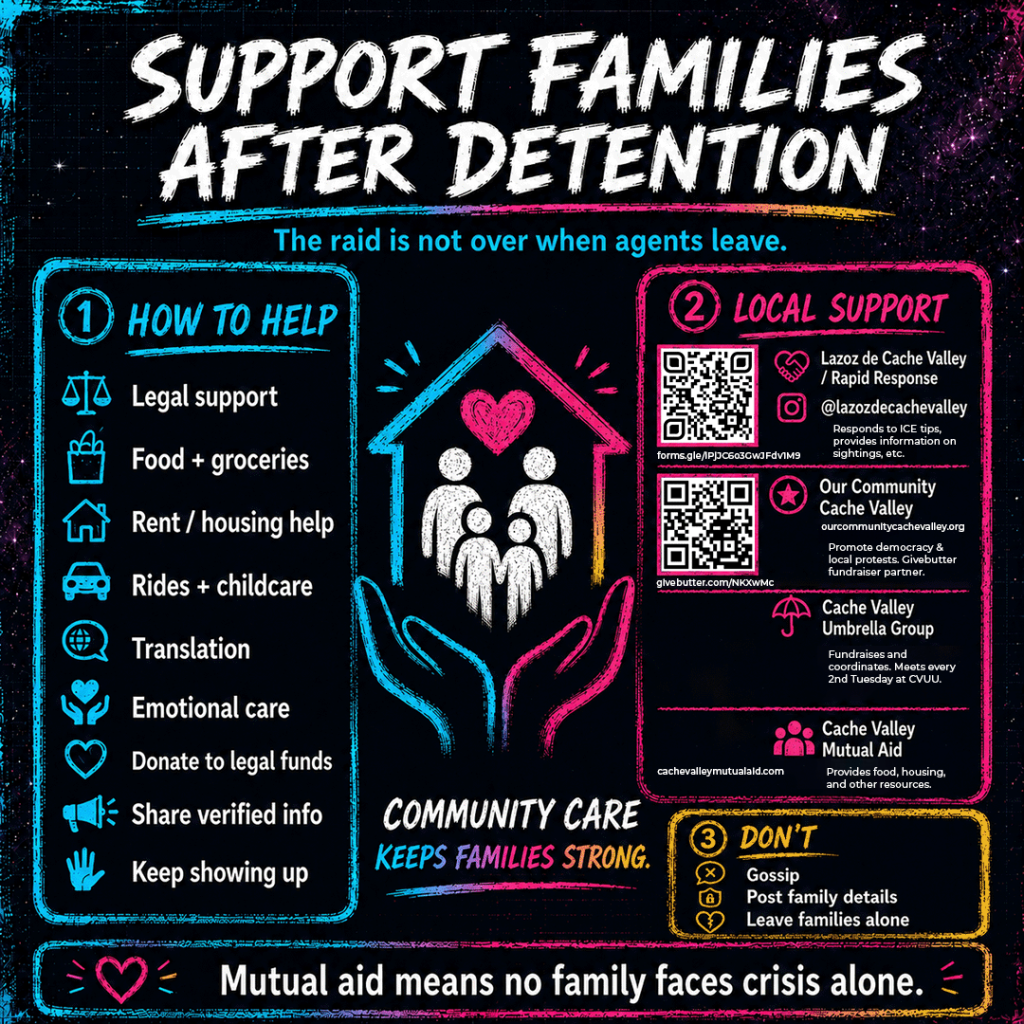 Support Families After Detention infographic explaining how Cache Valley residents can help immigrant families after an immigration raid or detention. The graphic emphasizes that “the raid is not over when agents leave” and lists community care actions including legal support, food and groceries, rent or housing help, rides and childcare, translation, emotional care, donating to legal funds, sharing verified information, and continuing to show up. Local support resources shown include Lazoz de Cache Valley / Rapid Response, Our Community Cache Valley, Cache Valley Umbrella Group, and Cache Valley Mutual Aid. The design warns people not to gossip, post family details, or leave families alone, and closes with the message: “Mutual aid means no family faces crisis alone.”