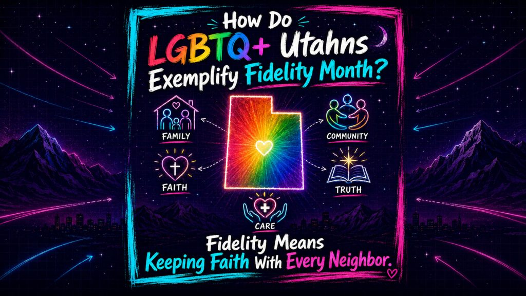 Dark-mode neon sketchbook illustration asking “How Do LGBTQ+ Utahns Exemplify Fidelity Month?” with a glowing rainbow-filled outline of Utah at the center, connected to hand-drawn icons representing family, faith, community, truth, and care. Cyan and magenta arrows, mountain silhouettes, stars, and blueprint grid textures draw the eye inward toward the message: “Fidelity Means Keeping Faith With Every Neighbor.”