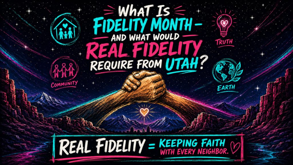 A wide neon sketch-style featured image for an article about Utah’s Fidelity Month declaration. The central graphic shows two clasped hands forming a bridge over Utah mountains and a glowing heart, with surrounding symbols for family, community, truth, and earth. The image asks, “What Is Fidelity Month — And What Would Real Fidelity Require From Utah?” and answers, “Real Fidelity = Keeping Faith With Every Neighbor.”