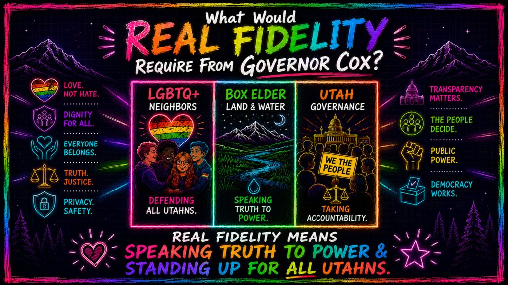 A 16:9 dark-mode rainbow-neon sketchbook-style featured image asking, “What Would Real Fidelity Require From Governor Cox?” The design shows three centered panels representing LGBTQ+ neighbors, Box Elder land and water, and Utah governance. Each panel highlights a core civic duty: defending all Utahns, speaking truth to power, and taking accountability. Neon side icons represent love, dignity, belonging, truth, privacy, transparency, public power, and democracy. The bottom text reads, “Real Fidelity Means Speaking Truth To Power & Standing Up For All Utahns.”