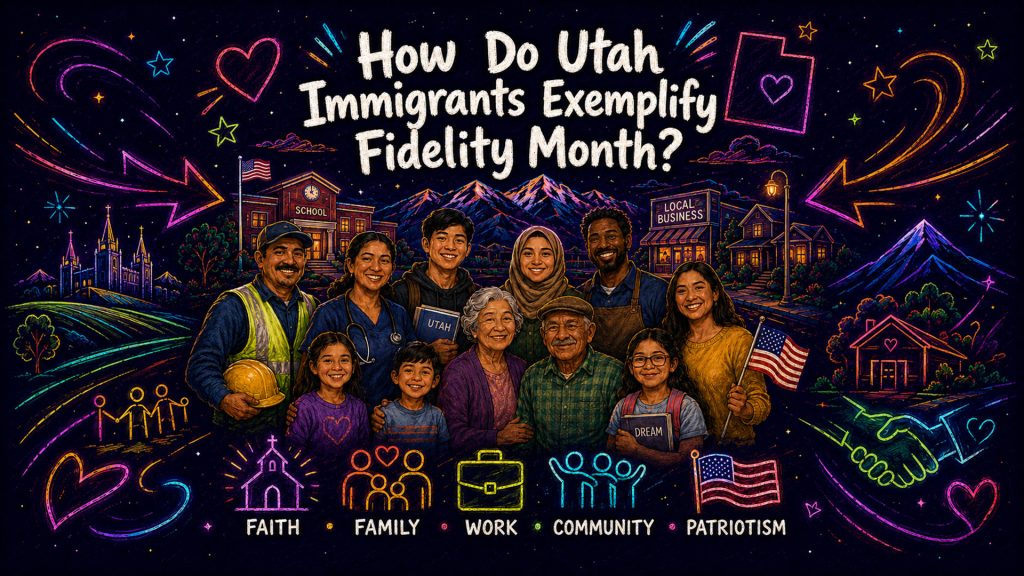 A 16:9 dark-mode neon illustration shows the headline “How Do Utah Immigrants Exemplify Fidelity Month?” above a diverse, multigenerational group of Utah immigrants and community members. The group includes workers, students, children, elders, healthcare workers, faith members, and small-business owners standing together warmly in front of Utah mountains, a school, a local business, neighborhood homes, churches, and American flags. Neon arrows, hearts, stars, handshakes, and rainbow sketchbook accents guide the eye toward the center. Along the bottom, glowing icons label the values “Faith,” “Family,” “Work,” “Community,” and “Patriotism,” framing immigrants as living examples of fidelity through everyday family care, labor, belonging, and civic contribution.