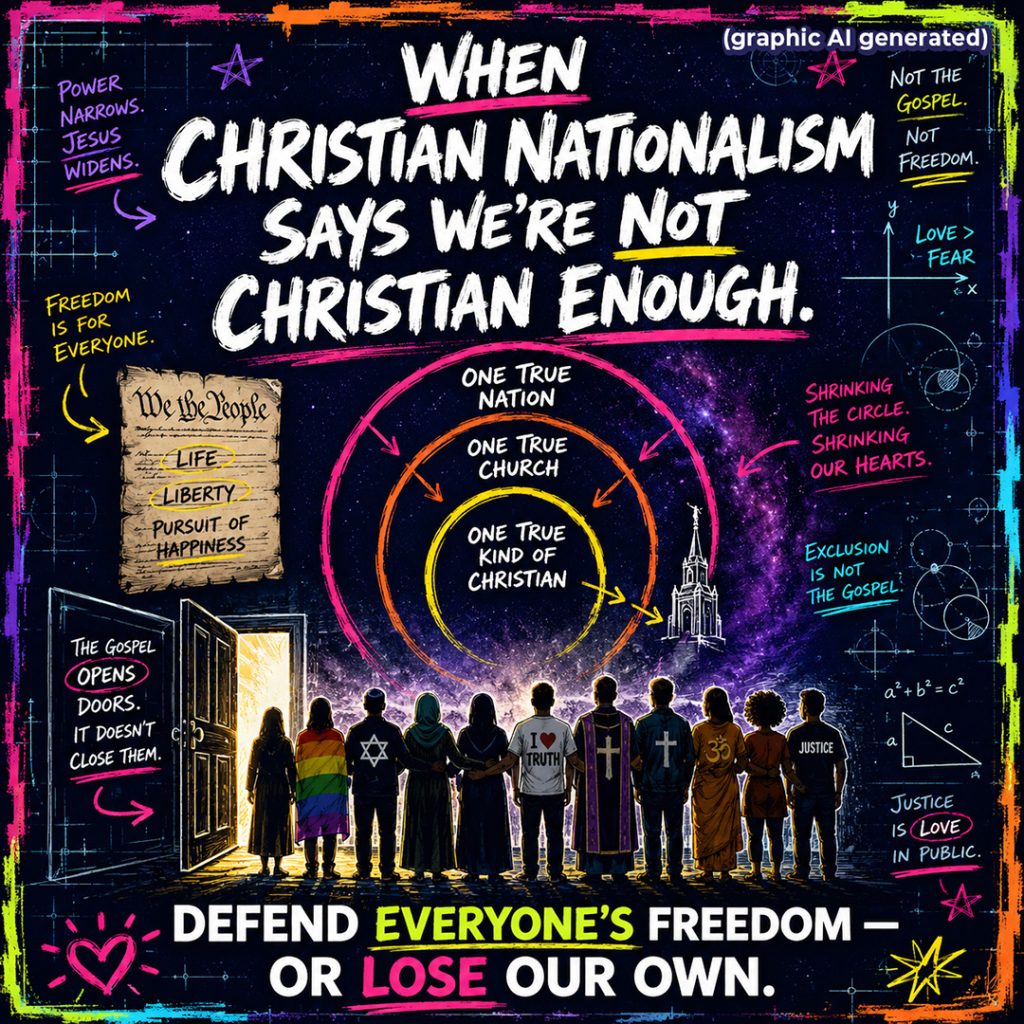 graphic titled ‘When Christian Nationalism Says We’re Not Christian Enough.’ A shrinking set of glowing circles labeled ‘One True Nation,’ ‘One True Church,’ and ‘One True Kind Of Christian’ pushes a small LDS chapel toward the edge. In front, an open door shows Latter-day Saints, immigrants, LGBTQ people, Jews, Muslims, atheists, Catholics, Protestants, Hindus, and people of color standing together. Bottom text reads ‘Defend everyone’s freedom — or lose our own.’