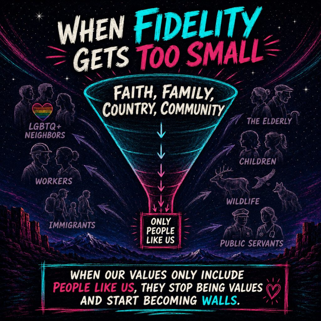 A square dark-mode infographic with a Utah night sky and neon cyan and magenta marker-style design. The image is titled “When Fidelity Gets Too Small.” In the center, a large funnel narrows the words “Faith, Family, Country, Community” into a small box labeled “Only People Like Us.” Around the funnel, faded silhouettes represent LGBTQ+ neighbors, workers, immigrants, the elderly, children, wildlife, and public servants who are excluded when civic or religious values become too narrow. A bottom banner reads: “When our values only include people like us, they stop being values and start becoming walls.”