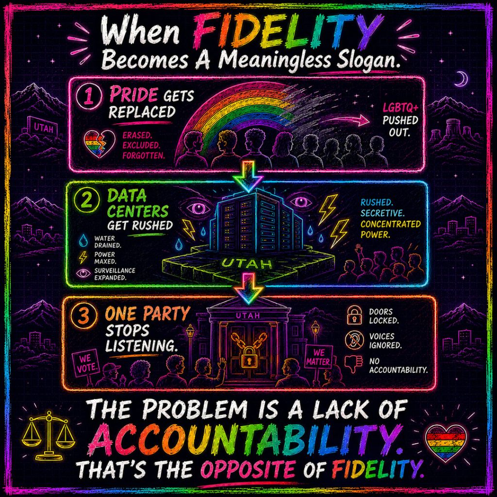 Square dark-mode rainbow-neon sketchbook infographic titled “When Fidelity Becomes A Meaningless Slogan.” The image uses three stacked hand-drawn panels to show how public fidelity loses meaning when leaders replace Pride recognition, rush data center development, and ignore voters. The first panel says “Pride Gets Replaced” and shows a dimmed rainbow, erased names, LGBTQ+ silhouettes, and the message “Erased. Excluded. Forgotten.” The second panel says “Data Centers Get Rushed” and shows a giant server on Utah land surrounded by water drops, power bolts, and surveillance eyes, connecting data centers to drained water, concentrated power, and expanded surveillance. The third panel says “One Party Stops Listening” and shows a locked Utah capitol door with voters outside holding signs, symbolizing ignored voices and lack of accountability. Electric-rainbow arrows connect the three panels. Bottom text reads: “The Problem Is A Lack Of Accountability. That’s The Opposite Of Fidelity.”