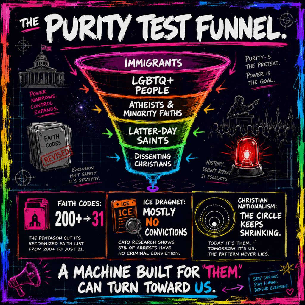 infographic titled ‘The Purity Test Funnel.’ A hand-drawn funnel narrows groups from ‘Immigrants’ to ‘LGBTQ+ People,’ ‘Atheists & Minority Faiths,’ ‘Latter-Day Saints,’ and ‘Dissenting Christians.’ Three evidence cards read ‘Faith Codes: 200+ → 31,’ ‘ICE Dragnet: Mostly No Convictions,’ and ‘Christian Nationalism: The Circle Keeps Shrinking.’ Bottom text reads ‘A machine built for “them” can turn toward us.’