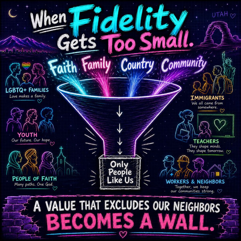 Square neon infographic titled “When Fidelity Gets Too Small” showing a large glowing funnel narrowing the words “Faith,” “Family,” “Country,” and “Community” into a small box labeled “Only People Like Us.” Set against a deep purple Utah night sky with stars and a subtle blueprint grid, the image shows gentle silhouettes of LGBTQ+ families, youth, people of faith, immigrants, teachers, workers, and neighbors pushed to the edges. A bold bottom banner reads: “A Value That Excludes Our Neighbors Becomes A Wall.” The graphic illustrates how narrowing public values can exclude entire communities in Utah.