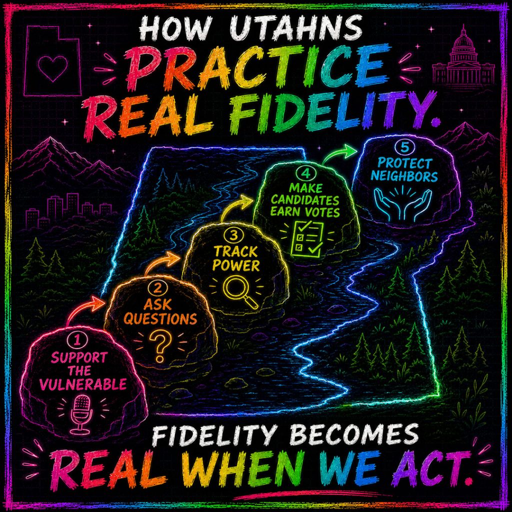 Square dark-mode rainbow-neon sketchbook infographic titled “How Utahns Practice Real Fidelity.” The image shows a glowing outline of Utah filled with a winding blue river, mountains, trees, desert cliffs, and five bright stepping stones that form a civic action path. The steps read: “Support The Vulnerable,” “Ask Questions,” “Track Power,” “Make Candidates Earn Votes,” and “Protect Neighbors.” Each step includes a simple neon icon, including a microphone, question mark, magnifying glass, ballot checklist, and open hands. The image uses bold marker-style typography, electric-rainbow accents, a black blueprint-grid background, and a hand-painted neon border. Bottom text reads: “Fidelity Becomes Real When We Act.”