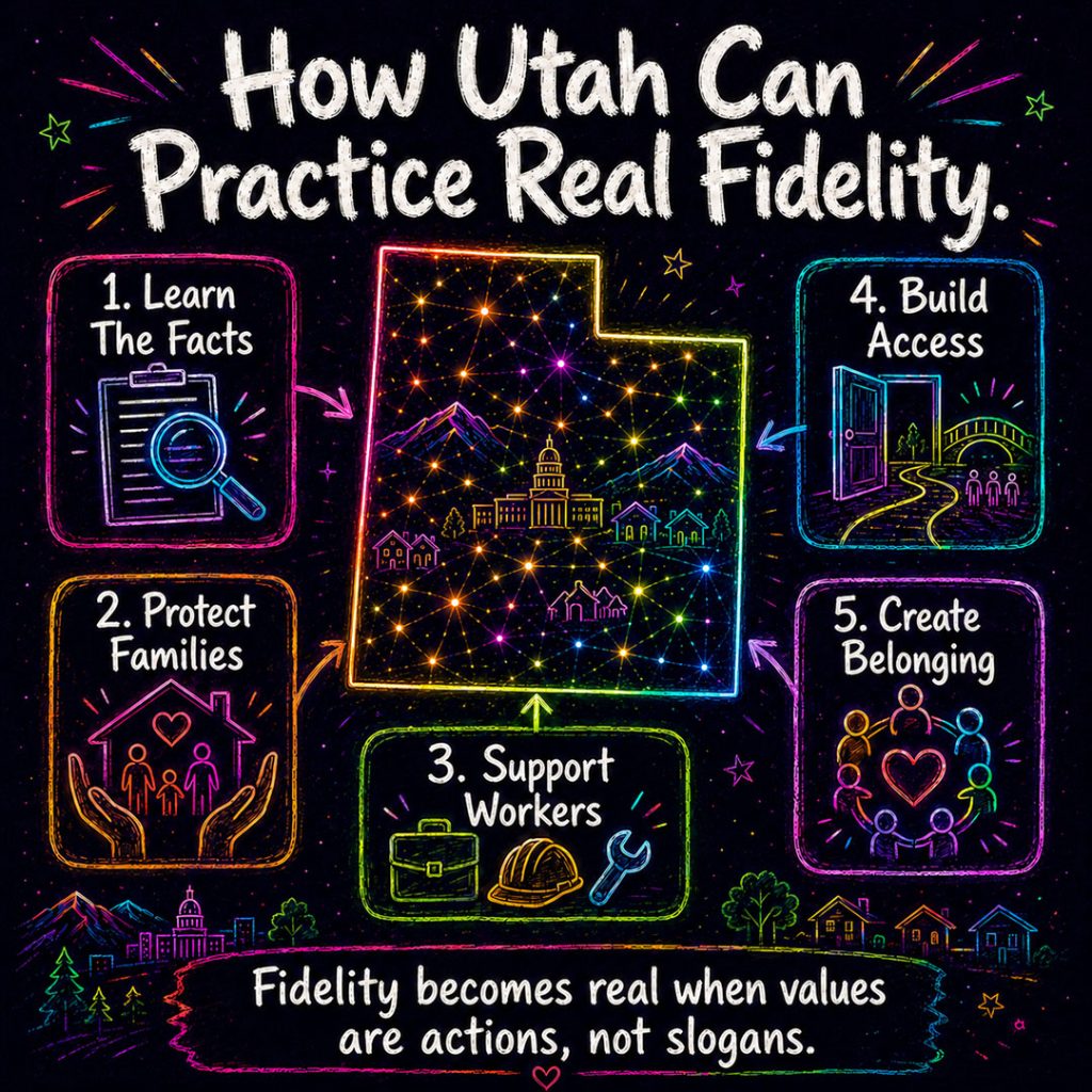 Infographic titled “How Utah Can Practice Real Fidelity” showing a glowing outline of Utah filled with connected neighborhood lights, surrounded by five action panels: Learn The Facts, Protect Families, Support Workers, Build Access, and Create Belonging. The dark-mode neon sketchbook design frames real fidelity as practical community action, with icons for research, family protection, workers, open access, and belonging.