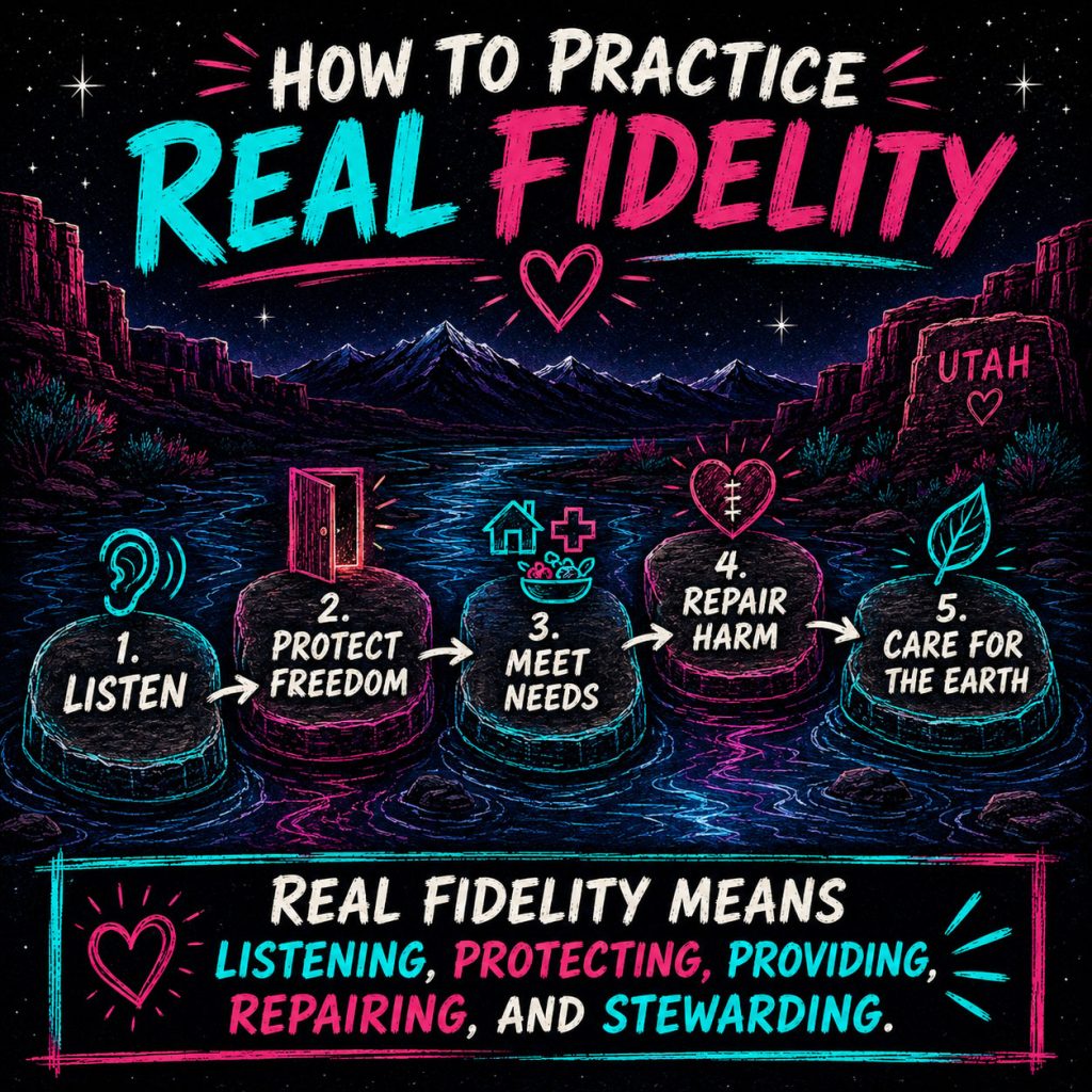 A square dark-mode infographic with a Utah night sky, mountain silhouettes, canyon cliffs, and a glowing river. The image is titled “How To Practice Real Fidelity” and shows five connected stepping stones crossing the river. Each stone names one action: “Listen,” “Protect Freedom,” “Meet Needs,” “Repair Harm,” and “Care For The Earth.” Small icons reinforce each step, including an ear, an open door, a home, food, a health cross, a mended heart, and a leaf. A bottom banner reads: “Real fidelity means listening, protecting, providing, repairing, and stewarding.”