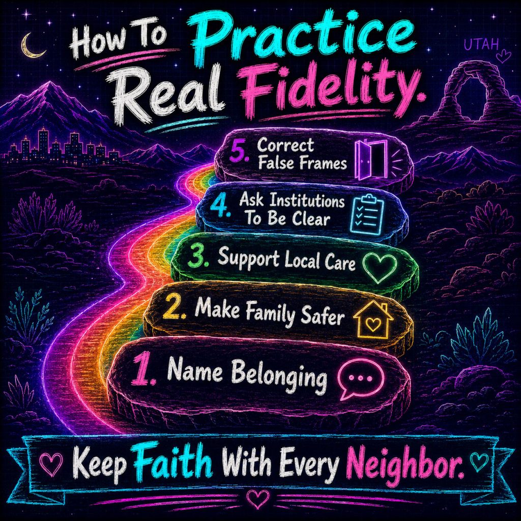 Square neon sketchbook infographic titled “How To Practice Real Fidelity” showing five glowing stepping stones along a rainbow path through Utah mountains under a starry purple sky. The steps read “Name Belonging,” “Make Family Safer,” “Support Local Care,” “Ask Institutions To Be Clear,” and “Correct False Frames,” each paired with simple neon icons for a speech bubble, home, heart, clipboard, and open door. A bottom banner reads “Keep Faith With Every Neighbor,” framing real fidelity as practical support for LGBTQ+ Utahns, families, institutions, and communities.