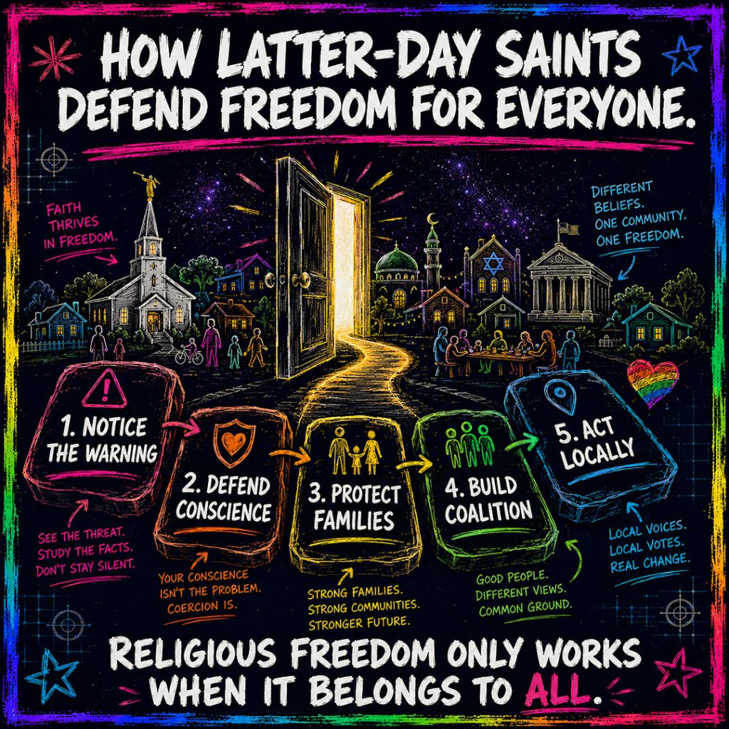 infographic titled ‘How Latter-Day Saints Defend Freedom For Everyone.’ Five large stepping-stone panels read ‘1. Notice The Warning,’ ‘2. Defend Conscience,’ ‘3. Protect Families,’ ‘4. Build Coalition,’ and ‘5. Act Locally.’ The center shows an open door with a glowing path leading toward a diverse neighborhood with a chapel, mosque, synagogue, courthouse, rainbow heart, dinner table, and ballot. Bottom text reads ‘Religious freedom only works when it belongs to all.’