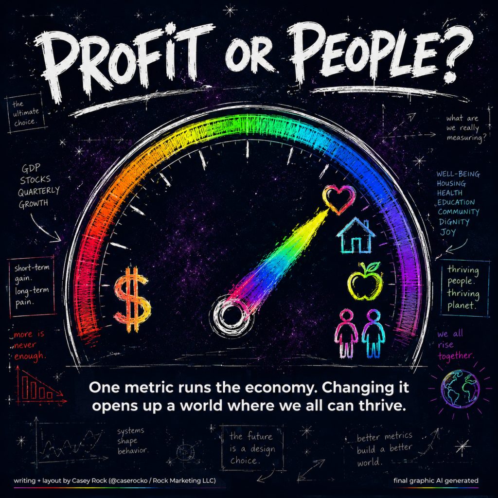 Square version of Casey Rock's 'Profit or People?' infographic: a sketch-style rainbow gauge on a cosmic dark background with the needle swinging from a dollar sign toward symbols of health, housing, food, family, and planet. Handwritten annotations frame the core argument that profit-first metrics deliver short-term gain but long-term pain, while measuring well-being, housing, health, education, community, dignity, and joy lets thriving people and a thriving planet rise together.