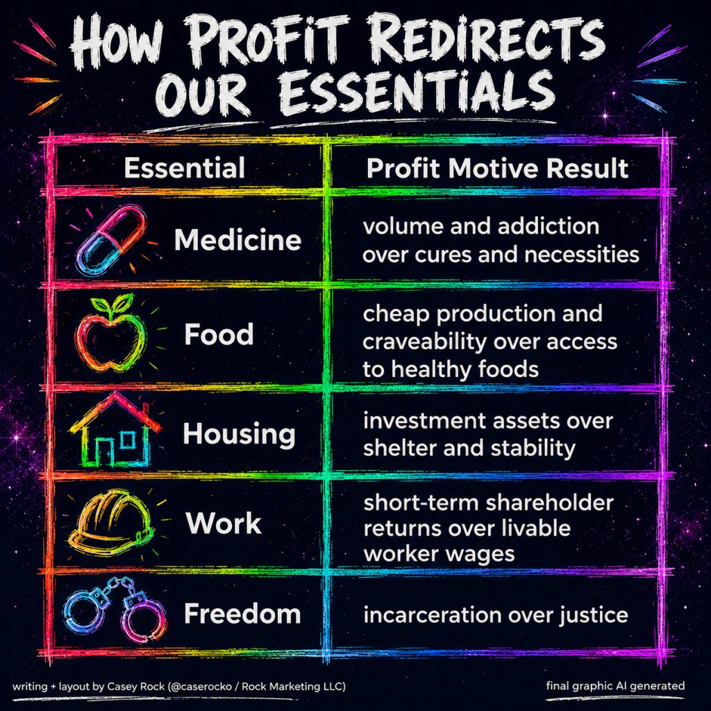 Neon chalkboard-style comparison table titled 'How Profit Redirects Our Essentials,' pairing five essentials with what the profit motive produces instead: Medicine yields volume and addiction over cures and necessities; Food favors cheap production and craveability over access to healthy food; Housing becomes investment assets over shelter and stability; Work prioritizes short-term shareholder returns over livable worker wages; and Freedom turns into incarceration over justice. Each row has a bright hand-drawn icon on a starry dark background.