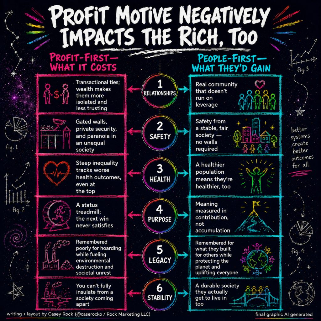 Side-by-side neon infographic titled 'Profit Motive Negatively Impacts the Rich, Too,' comparing what a profit-first system costs the wealthy against what a people-first system would give them across six dimensions. Relationships: transactional ties and isolation versus real community that doesn't run on leverage. Safety: gated walls and paranoia versus safety from a fair society. Health: worse outcomes even at the top versus a healthier population. Purpose: a status treadmill versus meaning through contribution. Legacy: remembered for hoarding versus for what they built. Stability: unable to insulate from collapse versus a durable society they get to live in too.