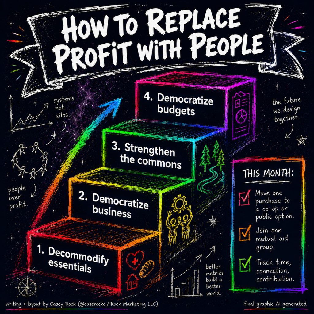 Neon staircase infographic titled 'How to Replace Profit with People,' climbing four steps toward a people-first economy: 1) decommodify essentials like healthcare, food, and housing; 2) democratize business through worker-owned models; 3) strengthen the commons; and 4) democratize budgets through participatory decision-making. A side checklist labeled 'This month' lists personal actions: move one purchase to a co-op or public option, join one mutual aid group, and track time, connection, and contribution. Hand-drawn icons and the theme 'people over profit, systems not silos' sit on a starry dark background.