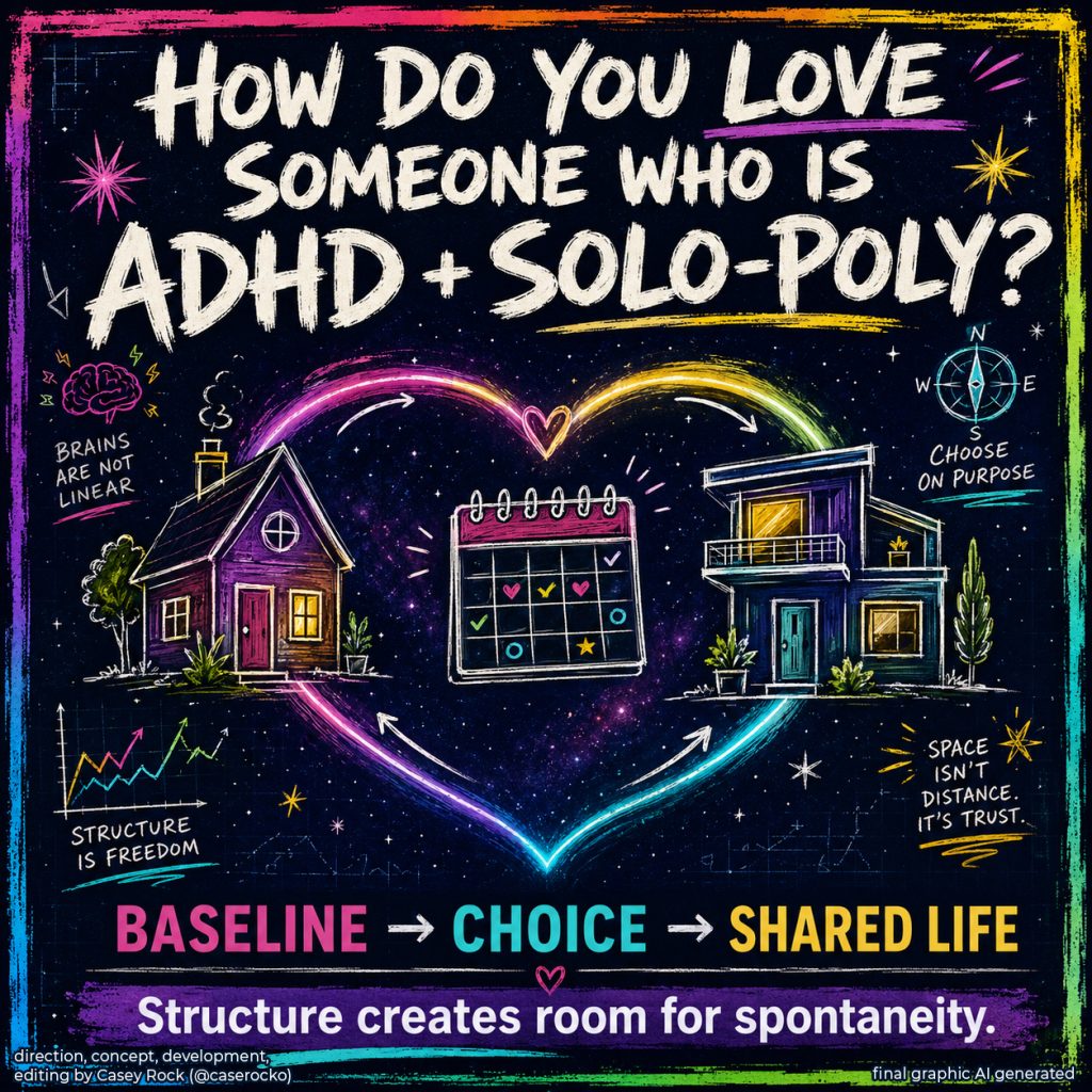 Square infographic asking “HOW DO YOU LOVE SOMEONE WHO IS ADHD + SOLO-POLY?” A shared calendar sits between two distinctly separate homes, while a bright heart-shaped neon path connects them without merging their spaces. Supporting annotations say “BRAINS ARE NOT LINEAR,” “STRUCTURE IS FREEDOM,” “CHOOSE ON PURPOSE,” and “SPACE ISN’T DISTANCE. IT’S TRUST.” The primary takeaway is shown as “BASELINE → CHOICE → SHARED LIFE,” followed by “Structure creates room for spontaneity.” The illustration presents a relationship model where regular connection provides continuity, ongoing choice keeps commitment voluntary, and a semi-shared life creates opportunities for organic affection while both partners retain independence. The graphic uses a dark cosmic blueprint aesthetic with hand-drawn diagrams, stars, arrows, neon accents, and a painted rainbow border.