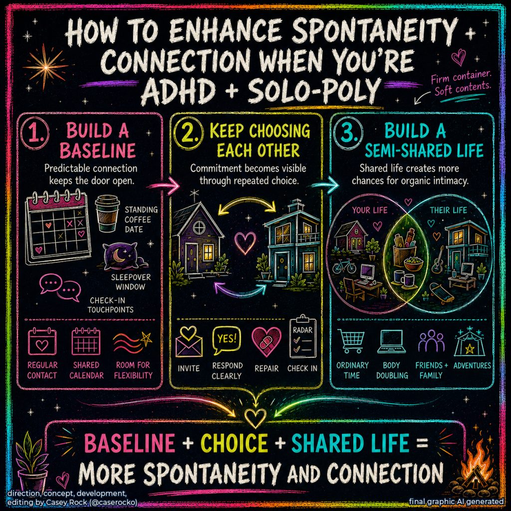 Square action-plan infographic titled “HOW TO ENHANCE SPONTANEITY + CONNECTION WHEN YOU’RE ADHD + SOLO-POLY.” Three connected relationship practices form the solution. “1. BUILD A BASELINE” uses predictable connection to keep the door open through a standing coffee date, sleepover window, check-in touchpoints, regular contact, a shared calendar, and flexibility. “2. KEEP CHOOSING EACH OTHER” makes commitment visible through repeated choice, illustrated by two separate homes connected with arrows and actions labeled “INVITE,” “RESPOND CLEARLY,” “REPAIR,” and “CHECK IN,” including RADAR-style conversations. “3. BUILD A SEMI-SHARED LIFE” creates more opportunities for organic intimacy through overlapping but independent lives, including ordinary time, body doubling, friends + family, and adventures. A handwritten note summarizes the model as “Firm container. Soft contents.” The final equation reads “BASELINE + CHOICE + SHARED LIFE = MORE SPONTANEITY AND CONNECTION.”