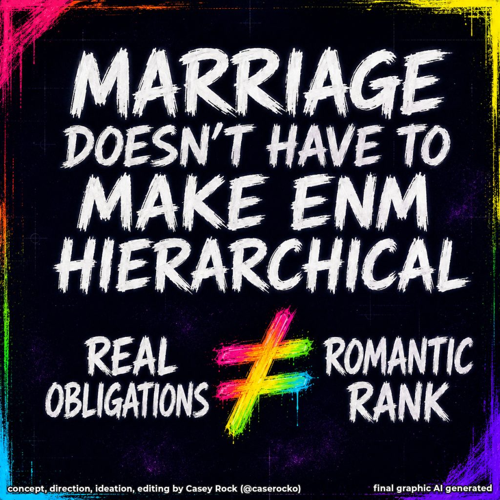 Square educational graphic about ethical non-monogamy and relationship hierarchy stating “Marriage Doesn’t Have to Make ENM Hierarchical.” A rainbow not-equal symbol visually separates “Real Obligations” from “Romantic Rank,” emphasizing that shared housing, finances, parenting, caregiving, or legal commitments can create genuine responsibilities without requiring a spouse or nesting partner to hold automatic romantic priority over other partners.