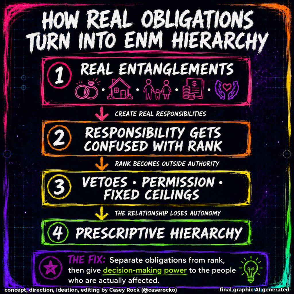 Process infographic showing how legitimate relationship entanglements can become prescriptive hierarchy in ENM. The sequence begins with marriage, a shared home, family, finances, and caregiving creating real responsibilities; shows responsibility becoming confused with romantic rank; then identifies vetoes, permission requirements, and fixed relationship ceilings as outside authority that removes autonomy. The proposed solution is to separate obligations from rank and give decision-making power to the people actually affected.