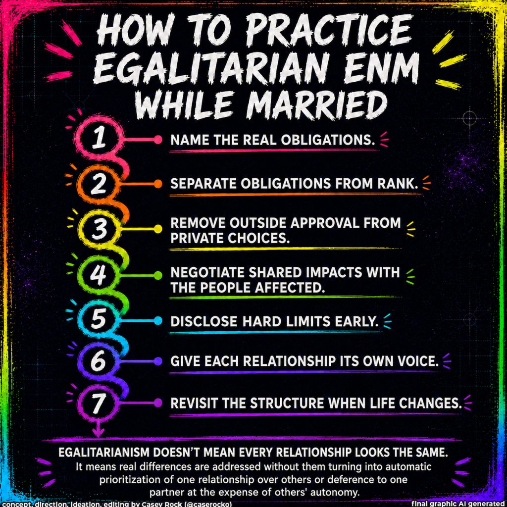 Seven-step instructional infographic for practicing egalitarian ENM while married or highly entangled. The process recommends naming real obligations, separating obligations from romantic rank, removing outside approval from private relationship choices, negotiating shared impacts with the people affected, disclosing hard limits early, giving each relationship its own voice, and revisiting the structure as circumstances change. It explains that egalitarianism does not require identical relationships; it means real differences should not become automatic prioritization or undermine another partner’s autonomy.